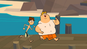 Cody and owen run towards lake from the dock