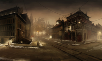 Straten in Republic City in de nacht