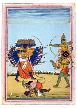 Rama and Hanuman fighting Ravana, an album painting on paper, c1820
